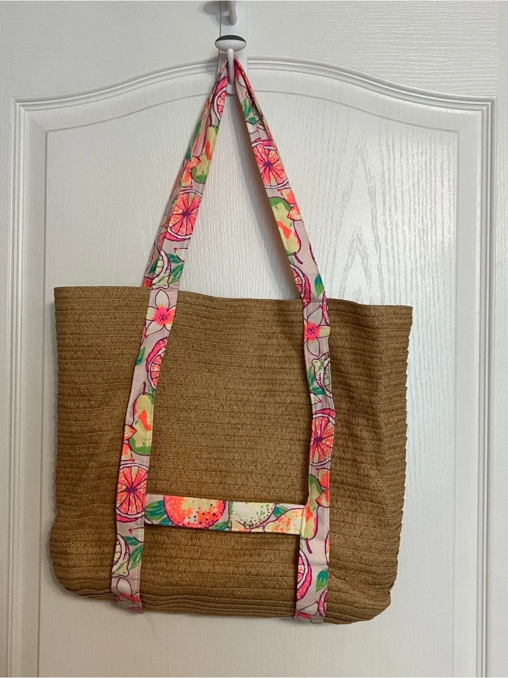 One 'n Only Woven Straw Beach Tote Bag Citrus Floral Straps Large